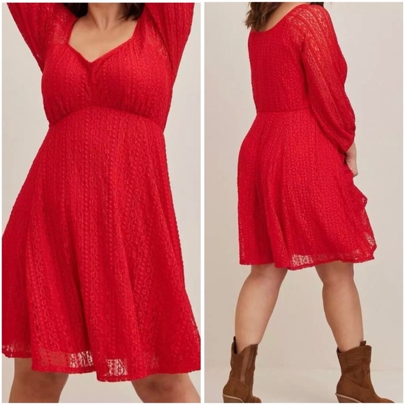 Torrid Plus Size 2 - 2X (18-20)  Mini Lace Fit Flare Dress Red 3/4 Sleeves NWT - Picture 2 of 16